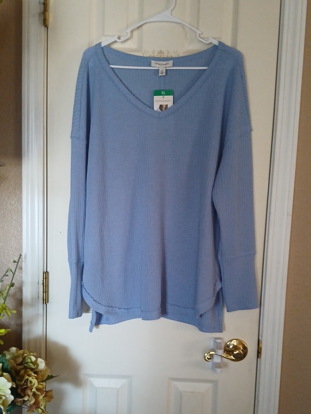 Vintage America Blues Oversized Waffle Knit Thermal V-Neck Top XL